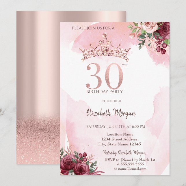 Rose Gold Glitter Roses Crown 30th Birthday  Invitation (Front/Back)