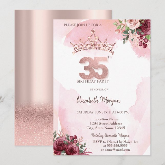  Rose Gold Glitter Roses Crown 35th Birthday  Invitation (Front/Back)