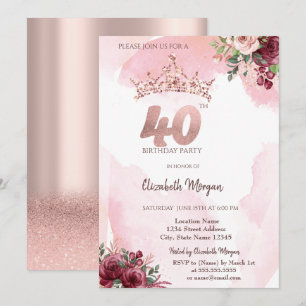 Rose Gold Glitter Roses Crown 40th Birthday Invitation