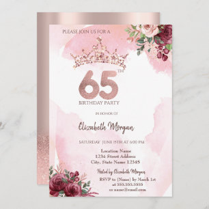  Rose Gold Glitter Roses Crown 65th Birthday Party Invitation