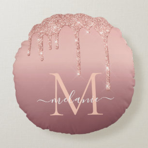 Rose Gold Glitter Round Pillow Custom Letter Name