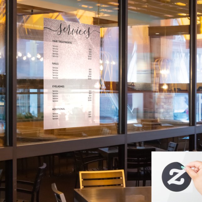 Rose Gold Glitter Salon Price List Service Menu (Restaurant Window)