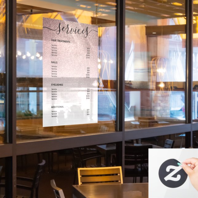 Rose Gold Glitter Salon Price List Service Menu (Restaurant Window)