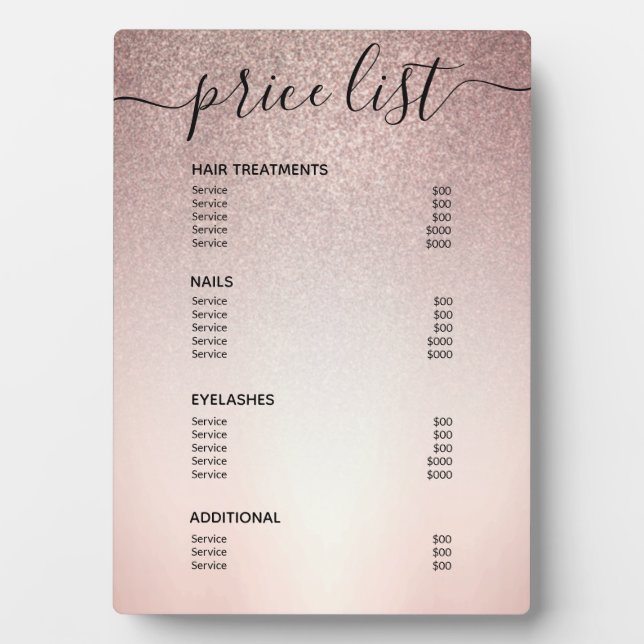 Rose Gold Glitter Salon Price List Service Menu Plaque (Front)