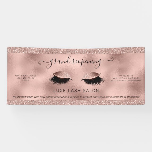 Rose Gold Glitter Salon Reopening Covid Safety Banner (Horizontal)