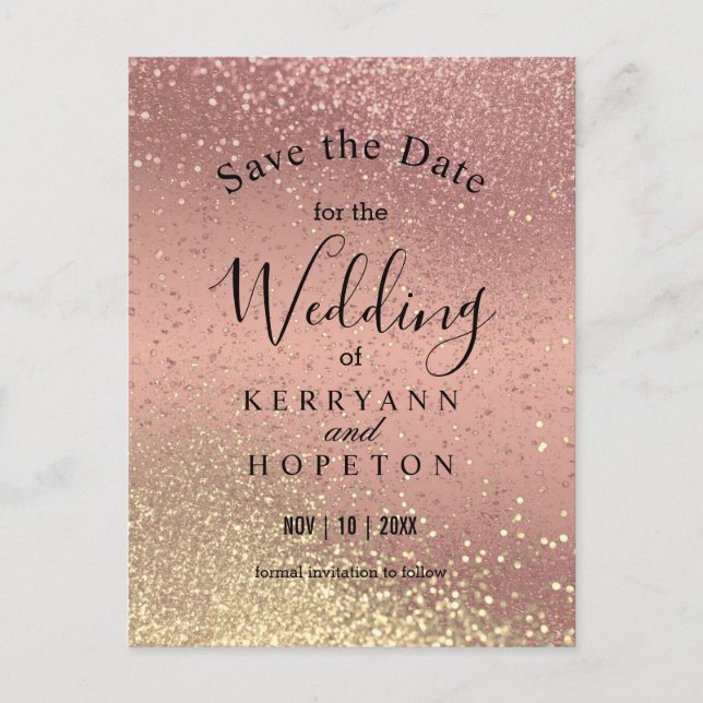 Rose & Gold Glitter - Save The Date Announcement  Postcard (Front)