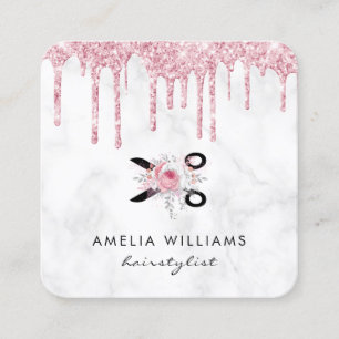 Rose gold glitter scissors floral hairstylist square business card