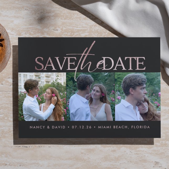 Rose Gold Glitter Script 3 Photo Collage Wedding  Save The Date (Creator Uploaded)