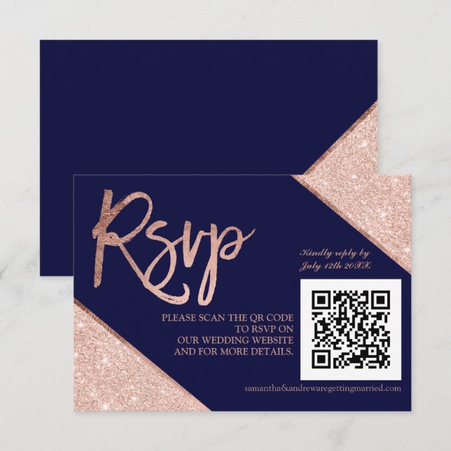 Rose gold glitter script blue QR code rsvp wedding Card (Front/Back)