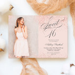 rose gold glitter script blush pink photo Sweet 16 Invitation<br><div class="desc">A modern simple rose gold glitter sparkles stylish on customisable blush pink Sweet sixteen birthday party invitation,  add your picture  with an elegant swirls calligraphy script.</div>