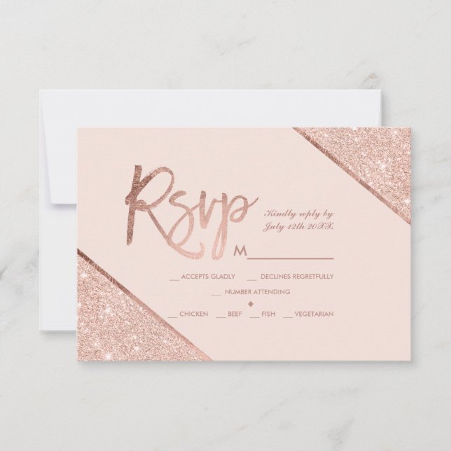 Rose gold glitter script blush pink rsvp wedding 2 card (Front)