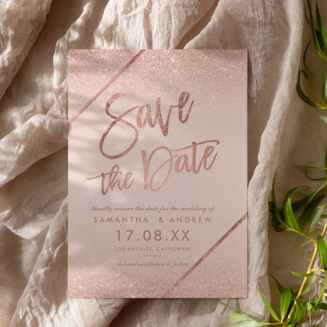 Rose gold glitter script blush pink save the date (Rose gold glitter script blush pink save the date)