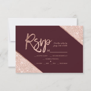 Rose gold glitter script burgundy rsvp wedding card