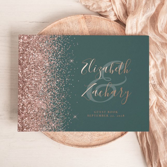 Rose Gold Glitter Script Dark Green Guest Book (Creator Uploaded)