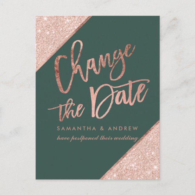 Rose gold glitter script green change the date announcement postcard (Front)