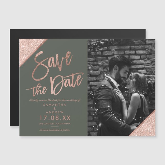 Rose gold glitter script green photo save the date (Front/Back)