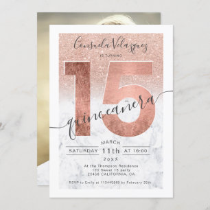 Rose gold glitter script marble quinceanera photo invitation