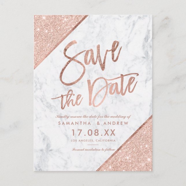 Rose gold glitter script marble save the date announcement postcard (Front)