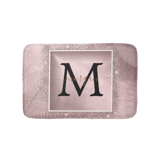Rose Gold Glitter Script Monogram Bath Mat (Front)