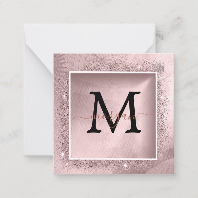 Rose Gold Glitter Script Monogram Card (Front)