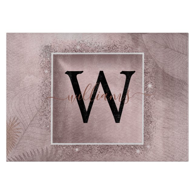 Rose Gold Glitter Script Monogram Cutting Board (Front)