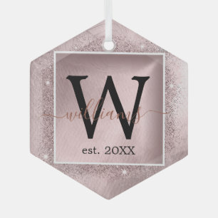 Rose Gold Glitter Script Monogram Glass Tree Decoration