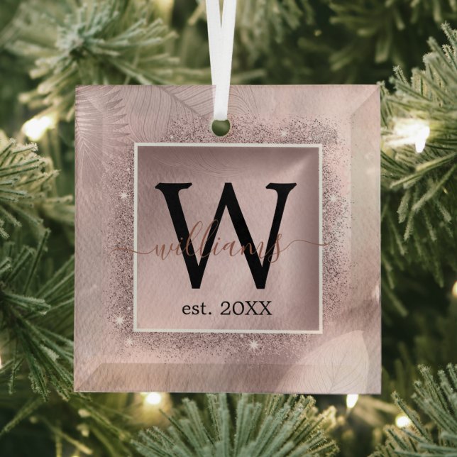 Rose Gold Glitter Script Monogram Glass Tree Decoration (Insitu)