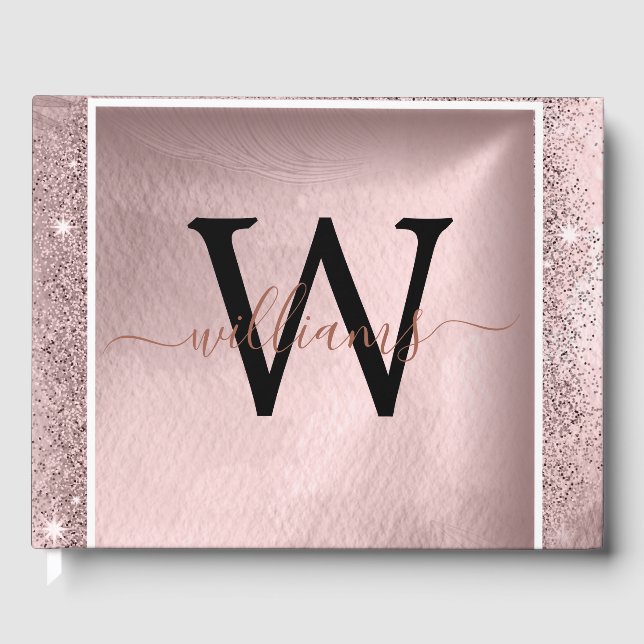 Rose Gold Glitter Script Monogram Guest Book (Front)
