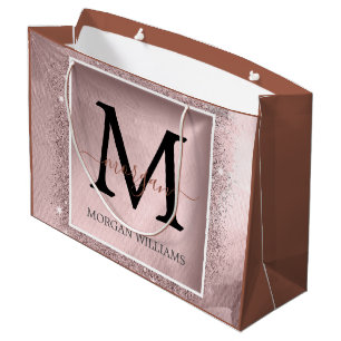 Rose Gold Glitter Script Monogram Large Gift Bag