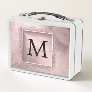 Rose Gold Glitter Script Monogram Metal Lunch Box