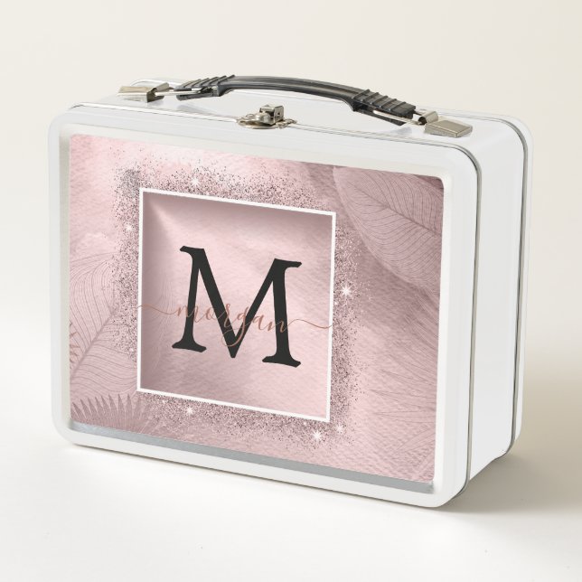 Rose Gold Glitter Script Monogram Metal Lunch Box (Front)