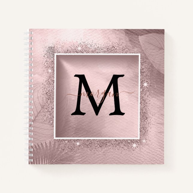 Rose Gold Glitter Script Monogram Notebook (Front)