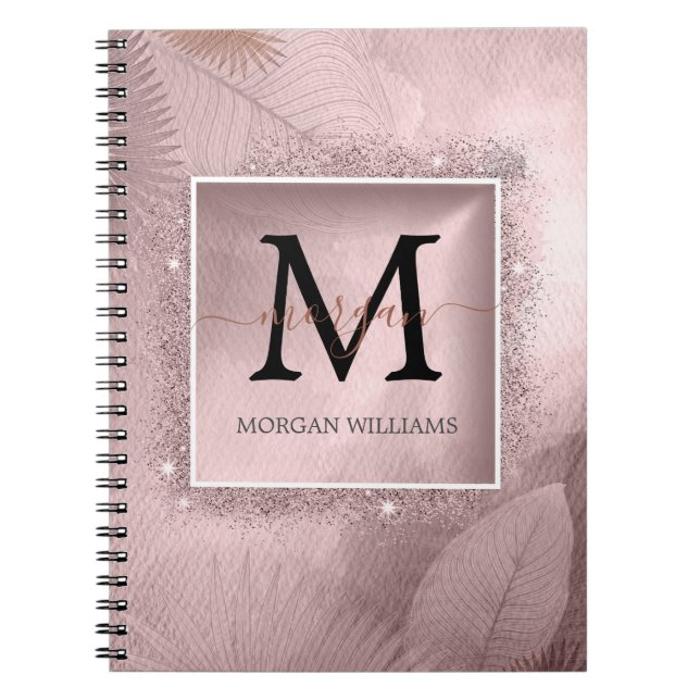 Rose Gold Glitter Script Monogram Notebook (Front)