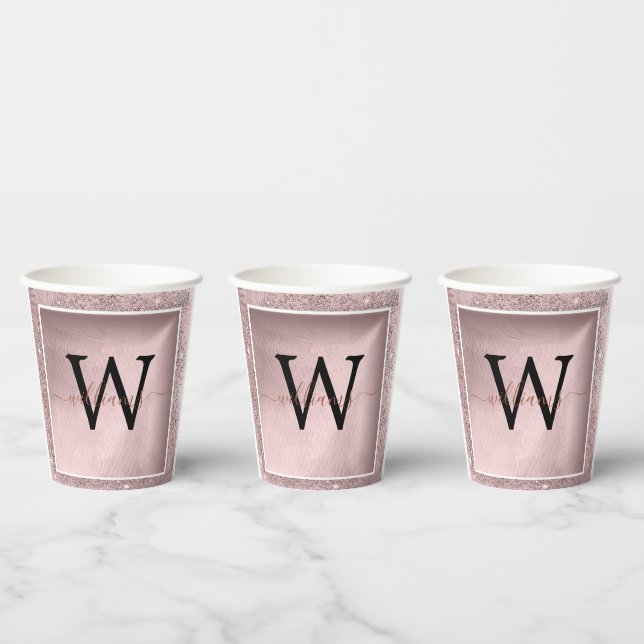 Rose Gold Glitter Script Monogram Paper Cups (Multi)
