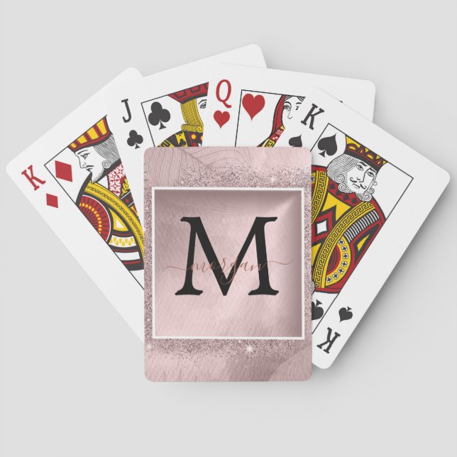 Rose Gold Glitter Script Monogram Playing Cards (Back)