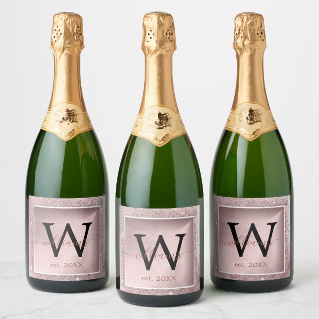 Rose Gold Glitter Script Monogram Sparkling Wine Label (Bottles)