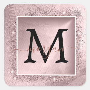 Rose Gold Glitter Script Monogram Square Sticker