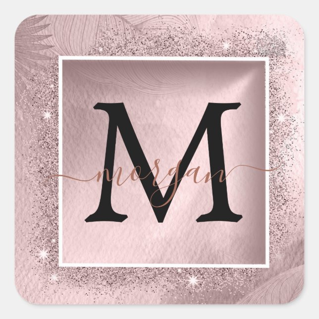 Rose Gold Glitter Script Monogram Square Sticker (Front)