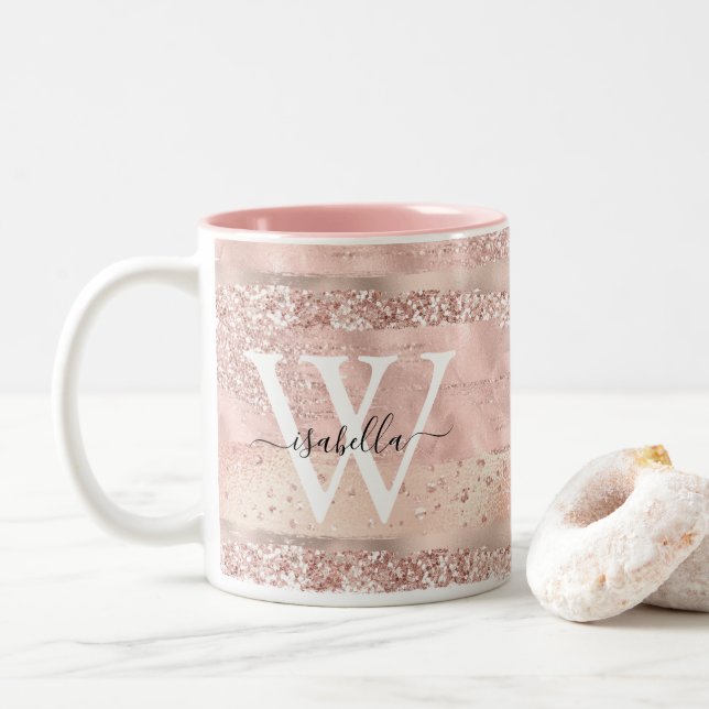 Rose Gold Glitter Script Monogram Two-Tone Coffee Mug (With Donut)