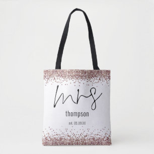 Rose Gold Glitter Script Mrs Name Date Bride Tote Bag