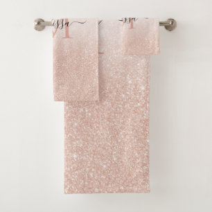 Rose Gold Glitter Script Name Monogram Bath Towel Set