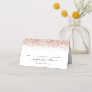 Rose Gold Glitter Script Names Date Place Card
