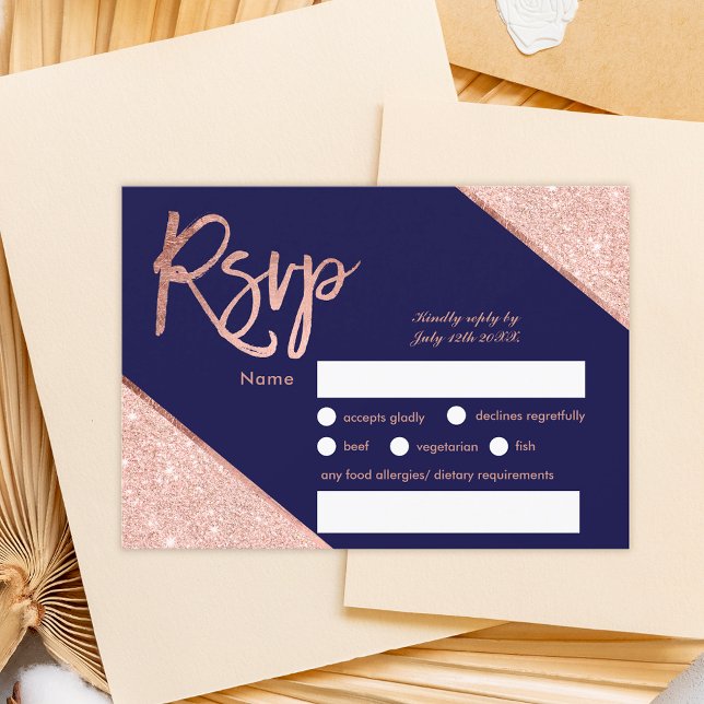 Rose gold glitter script navy blue rsvp wedding  card (Creator Uploaded)