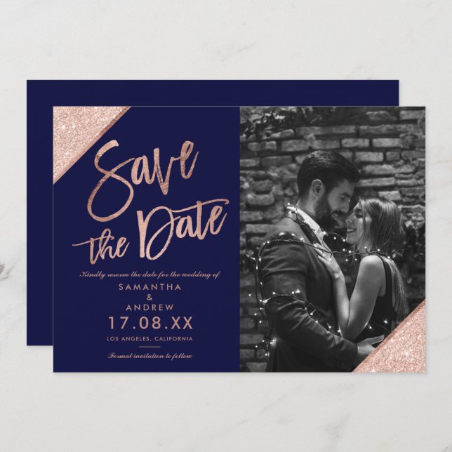 Rose gold glitter script navy blue save the date (Front/Back)