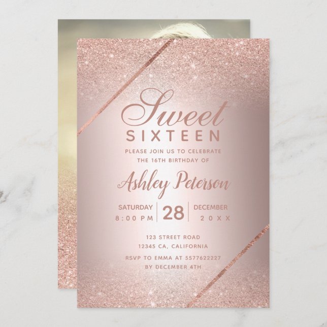 Rose gold glitter script photo metallic Sweet 16 Invitation (Front/Back)