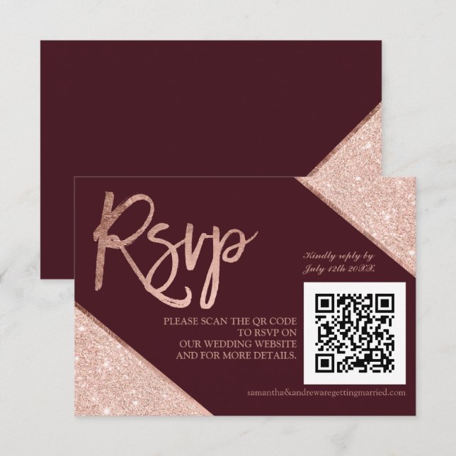 Rose gold glitter script red QR code rsvp wedding Card (Front/Back)