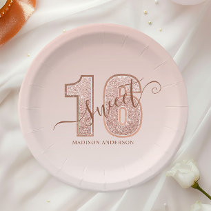 Rose Gold Glitter Script Sweet 16 Birthday Paper Plate