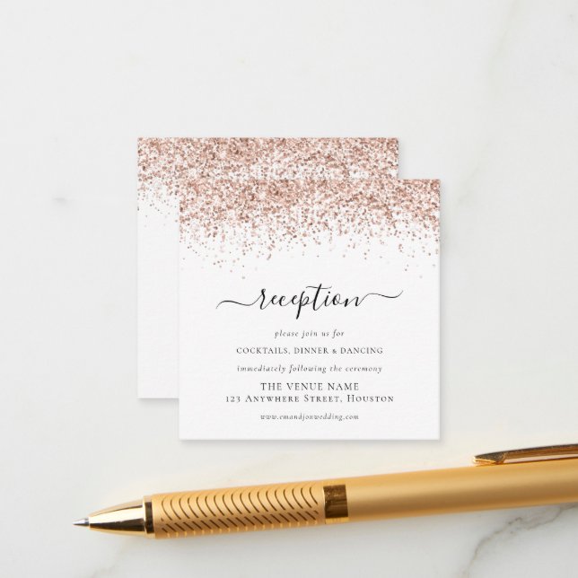 Rose Gold Glitter Script Wedding Reception Details Enclosure Card (Front/Back In Situ)
