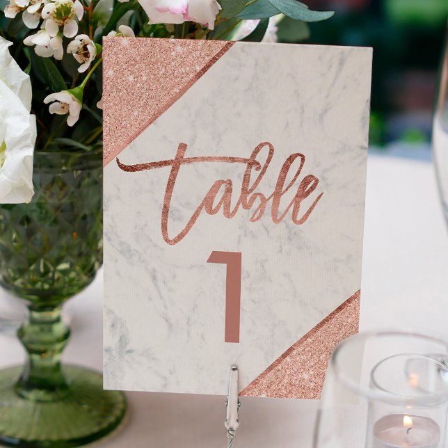 Rose gold glitter script white marble table number (Creator Uploaded)