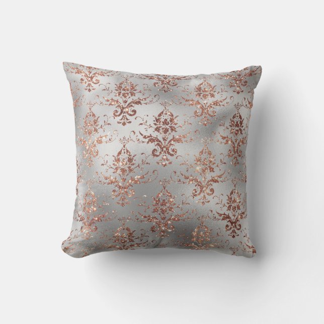 Rose Gold Glitter Scroll Work on Grey Cushion (Front)